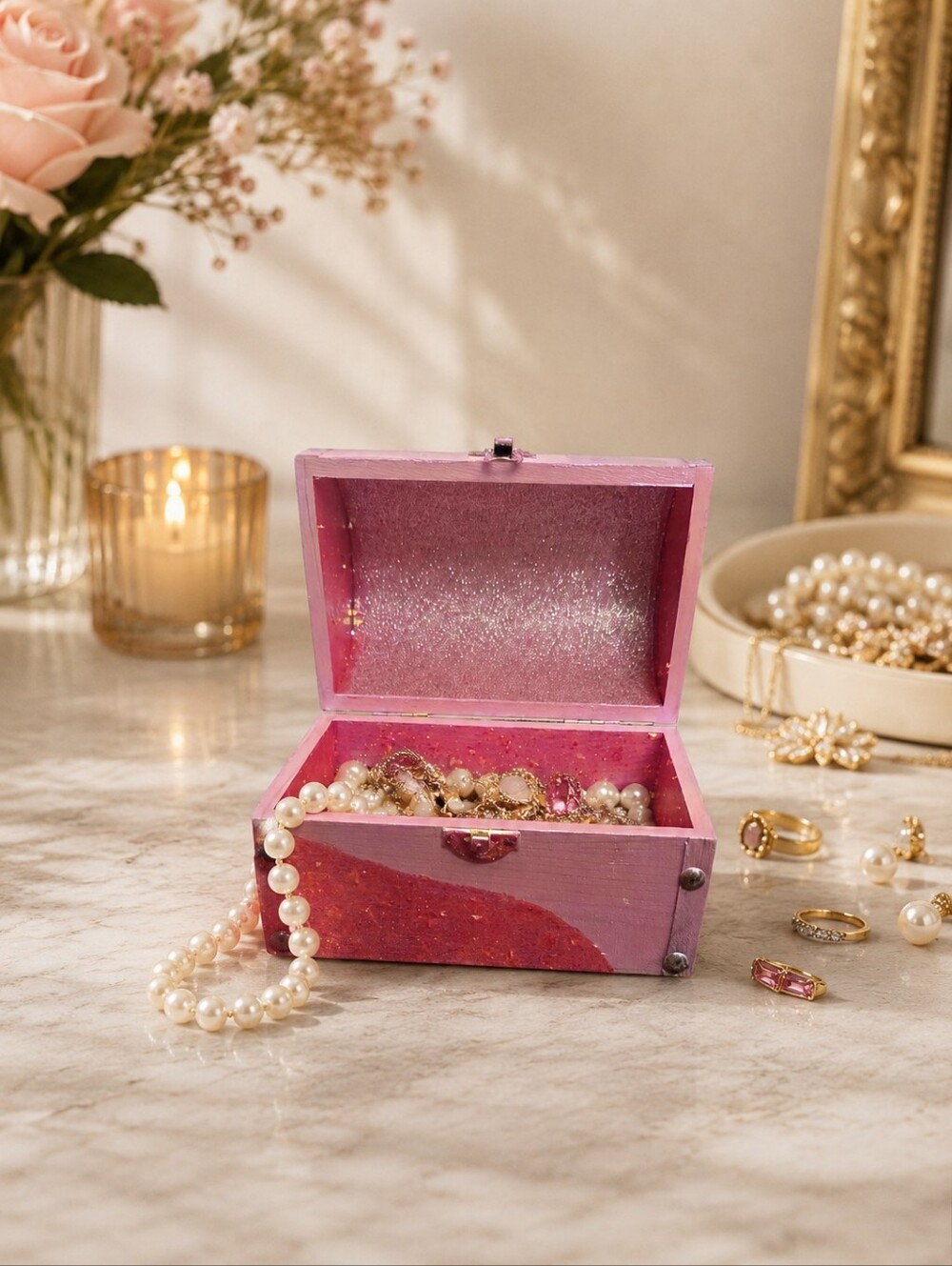 Pink Jewelry Box Wood Treasure Chest Keepsake Glitter Handmade